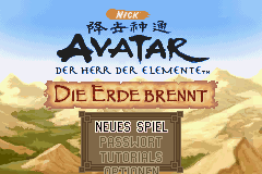 Avatar: The Legend of Aang - The Burning Earth title screen for GameBoy Advance